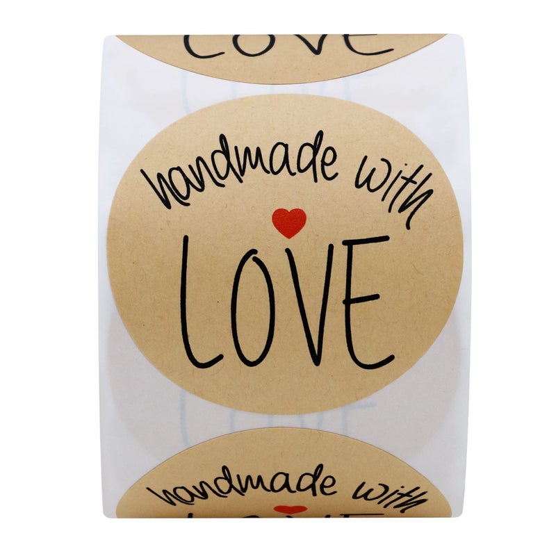Hybsk Kraft Handmade with Love Stickers with Black Font Total 2" Round 300 Adhesive Labels Per Roll - Image 3